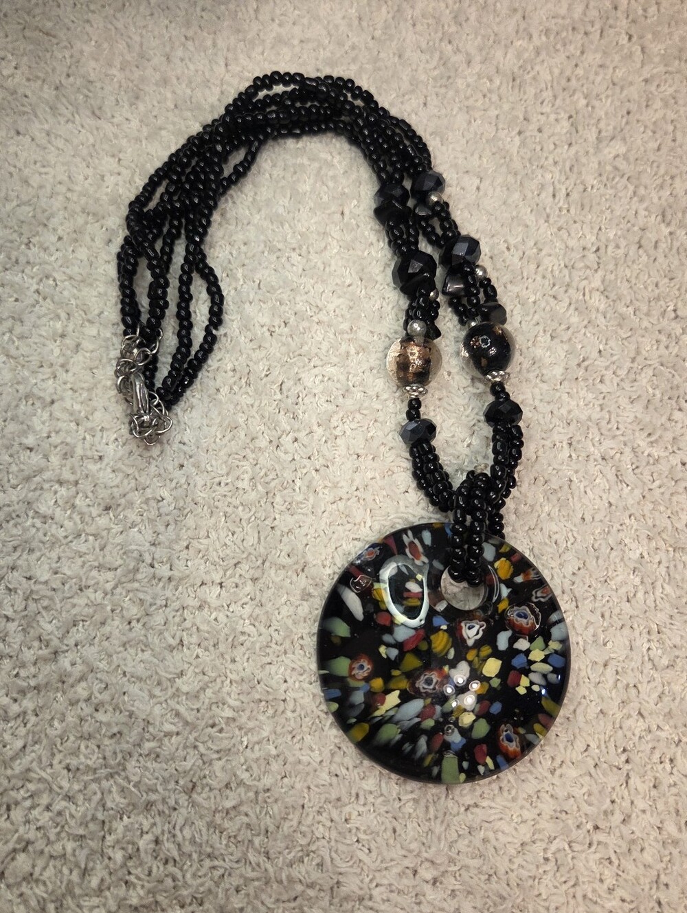 Murano Style Millefiori Glass Pendant Necklace Black Multi Strand Beaded Boho Ar